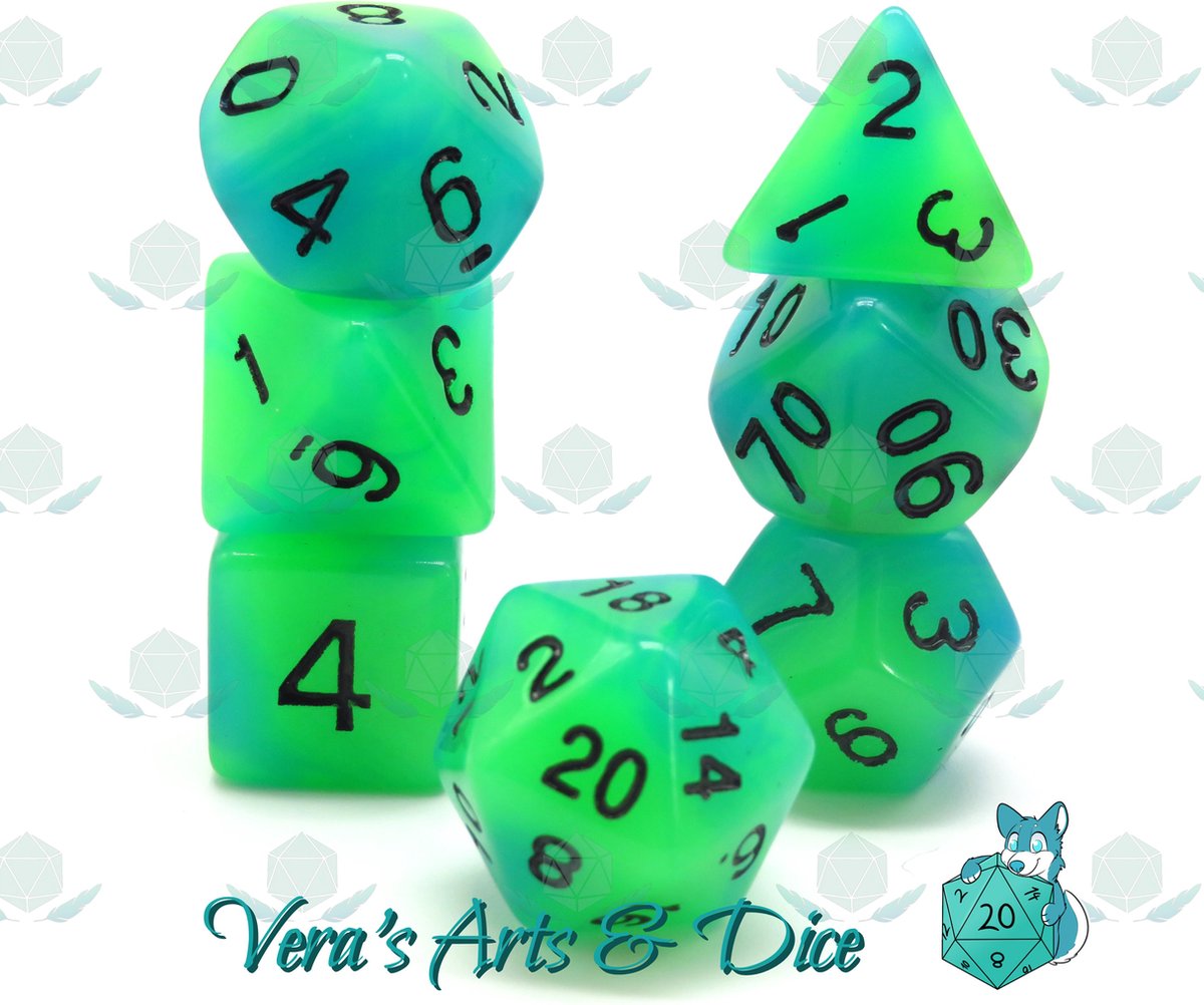 Glow in the Dark Ocean | Polyset Dice | Dobbelstenen - Set Van 7 Stuks - Groen en Blauw met Zwarte Cijfers | Polydice | D&D en Rollenspellen | Plastic | Dungeons and Dragons | Polyhedral Dice Set | Zwarte Velvet Dice Bag 3 Sets
